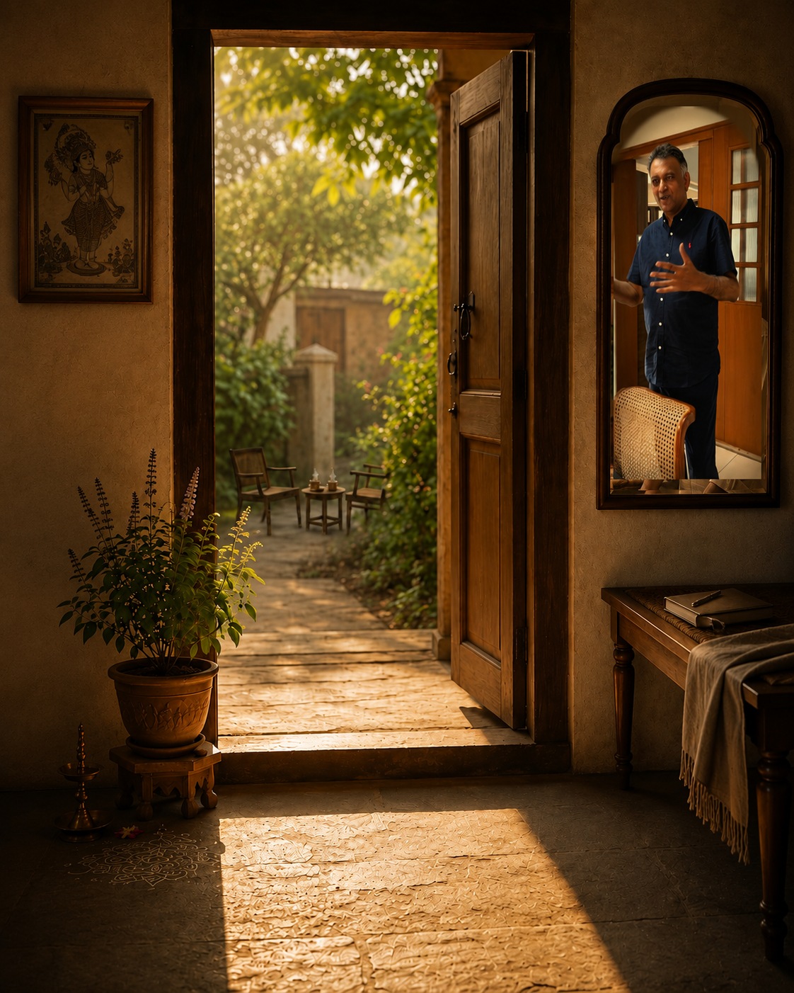 The host, caught mid-conversation by the mirror at the threshold.