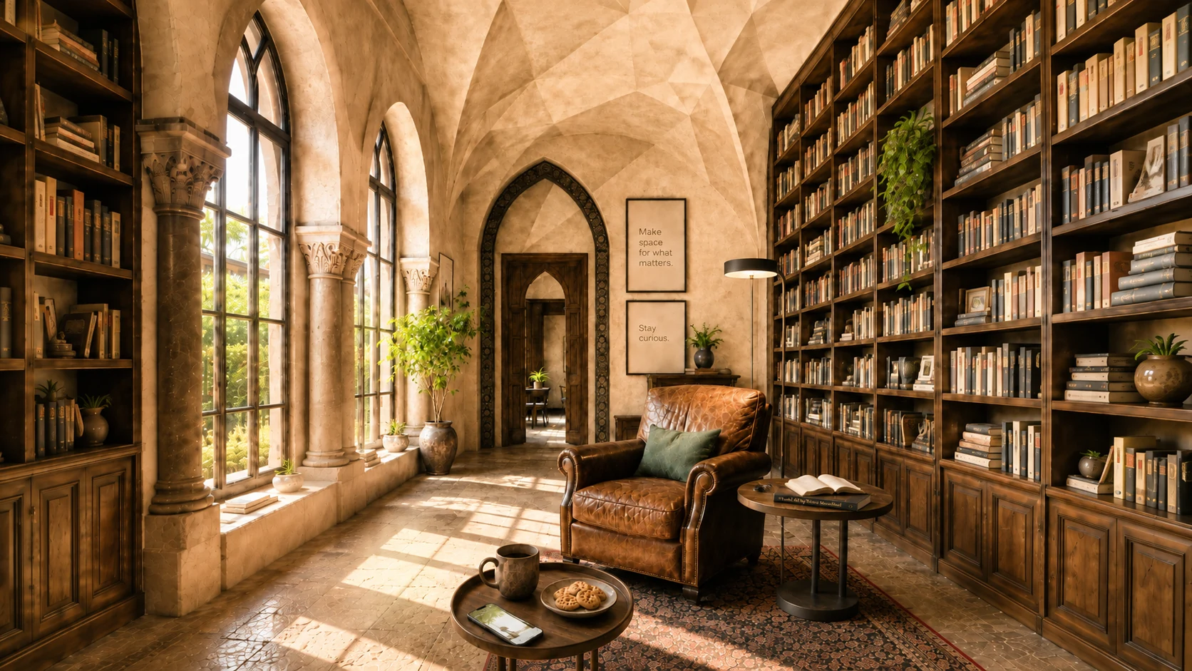 The House Specials reading room — a warm, sunlit library with a leather armchair, floor-to-ceiling bookshelves, arched windows, coffee, cookies, a phone, and two wall notes reading Make space for what matters and Stay curious