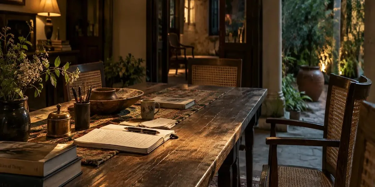 A quiet, warmly lit writing table with books, an open journal and chairs in an Indian home.
