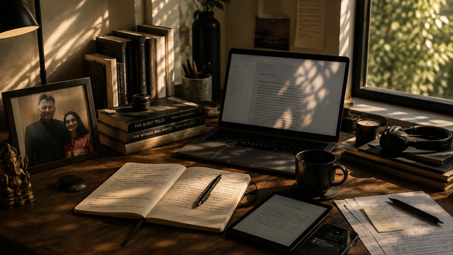 A contemporary writing desk in warm afternoon light, with Nirav Manubhai's working notebook, laptop, books, a small brass Ganesha and a framed family photograph.