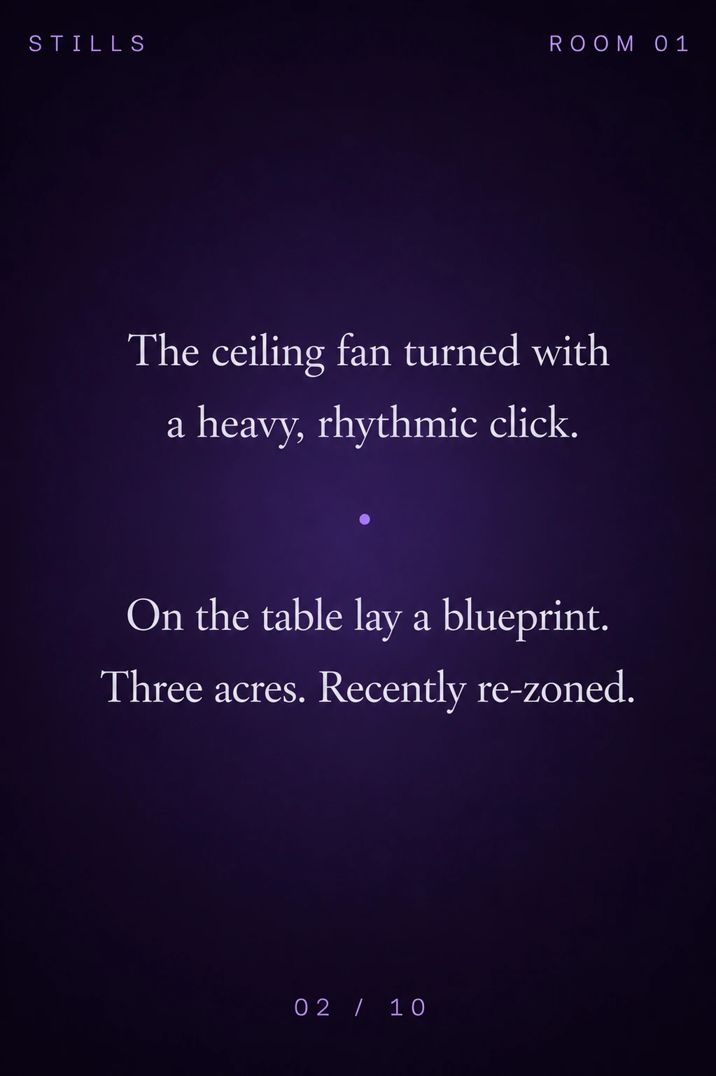 STILLS Room 01, The Tea Tray — 02/10: The ceiling fan turned with a heavy, rhythmic click. On the table lay