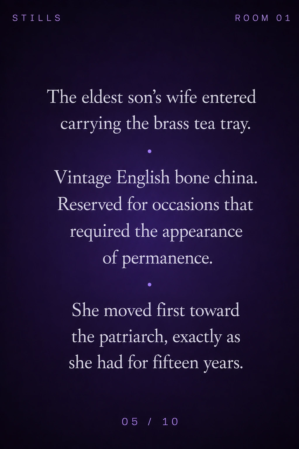 STILLS Room 01, The Tea Tray — 05/10: The eldest son's wife entered carrying the brass tea tray. Vintage Eng