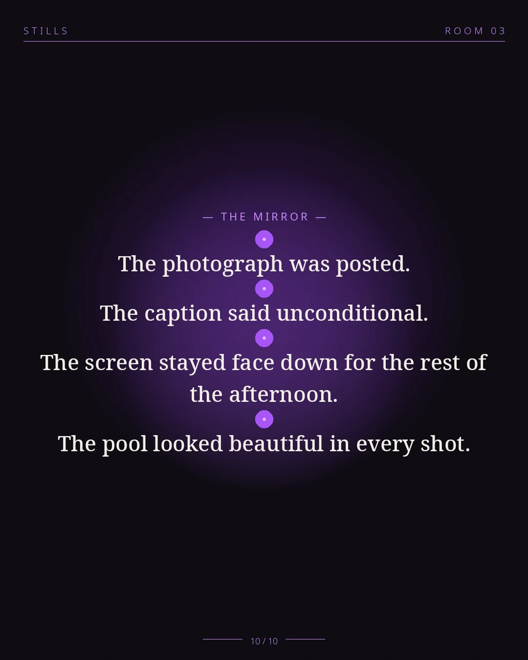 STILLS Room 03, The Group Chat Split — THE MIRROR: The photograph was posted. The caption said unconditional. The screen 