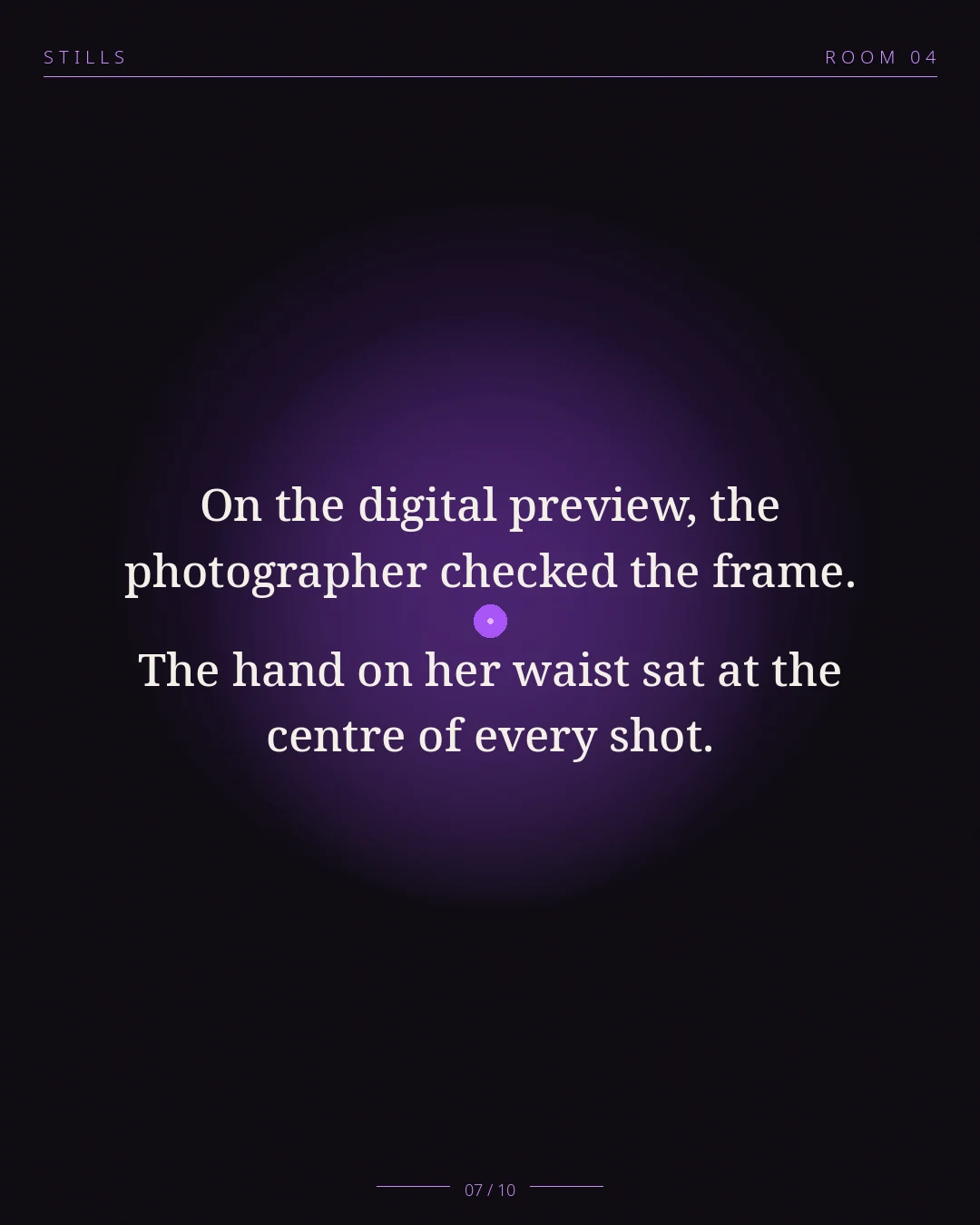 STILLS Room 04, The Silent Partner — 07/10: On the digital preview, the photographer checked the frame. The hand o