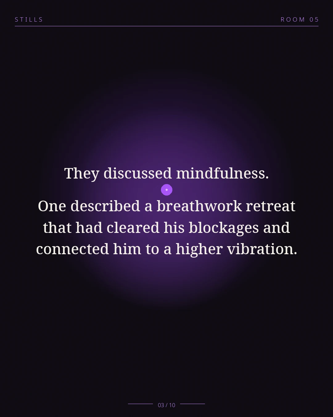 STILLS Room 05, The Morning Walk — 03/10: They discussed mindfulness. One described a breathwork retreat that ha