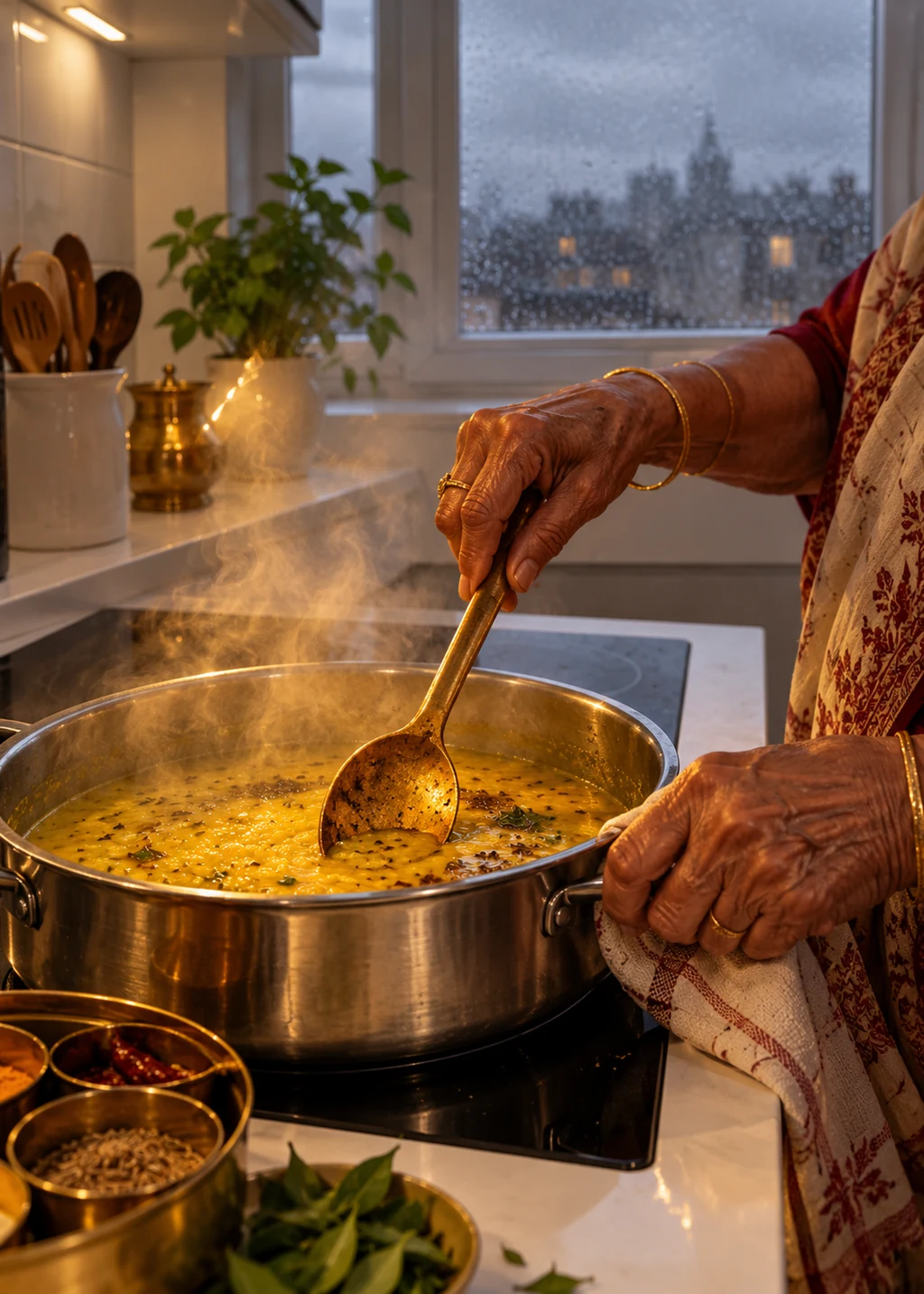 An elderly woman's hands stirring yellow dal with a worn brass spoon in a white kitchen abroad, rain at the window.
