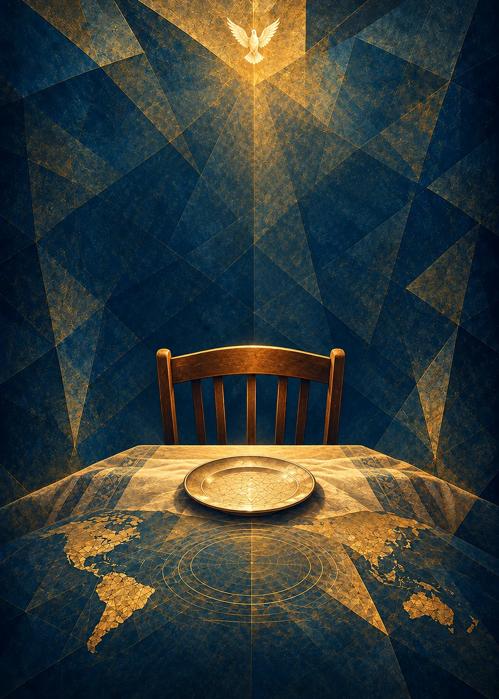 A single plate on an empty table before a waiting chair.