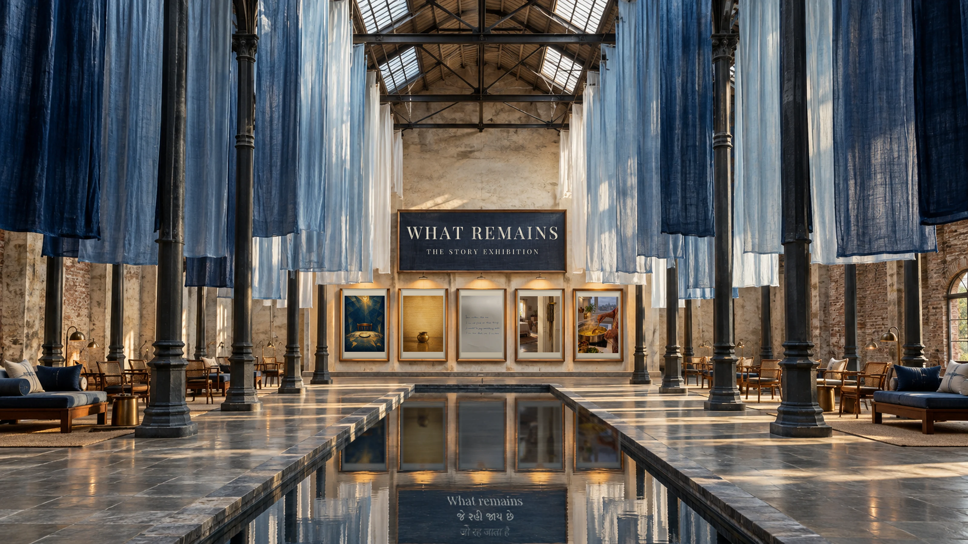A vast old Ahmedabad mill hall. Lengths of indigo cloth hang from the roof, fading from deep blue to white. On the far wall, under a denim panel reading What Remains, The Story Exhibition, five framed stories hang under small lights. A still water channel reflects them, and in the water rise the words What remains, in English, Gujarati and Hindi.